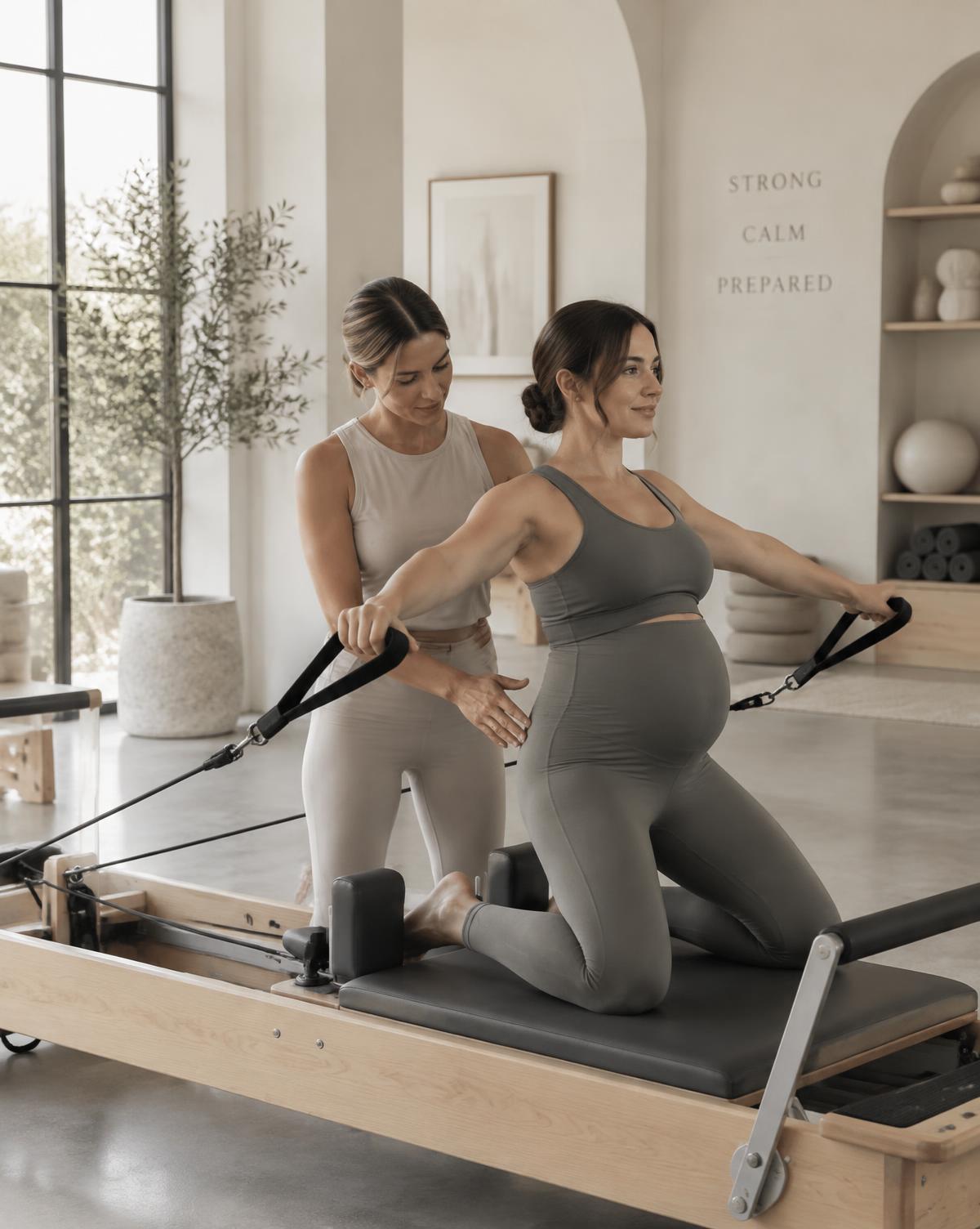 Embarazada realizando Pilates Reformer guiada por una instructora